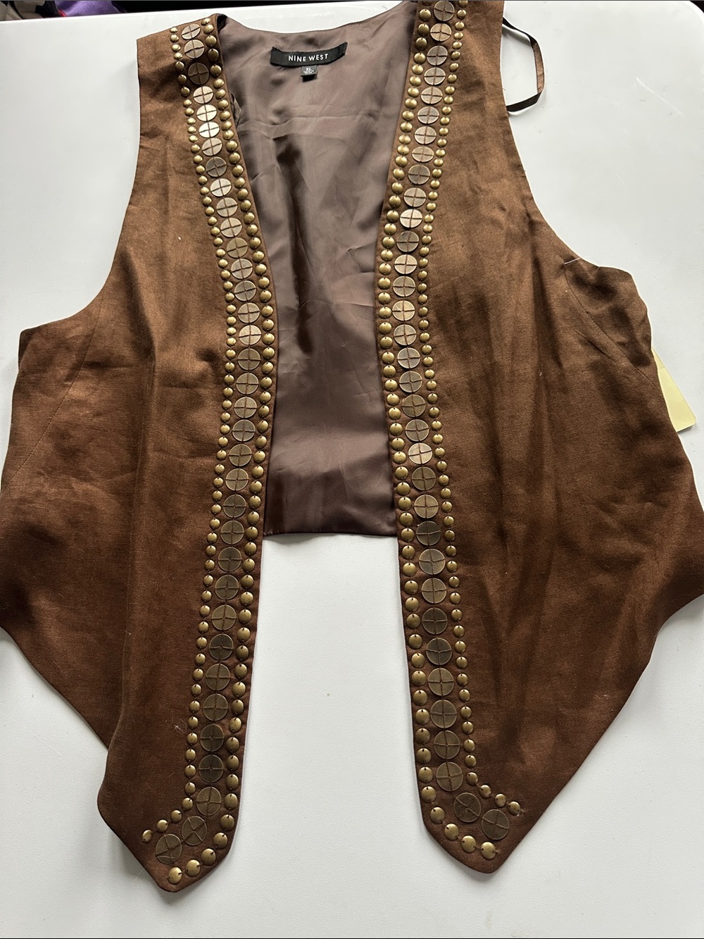 Nine West Brown Linen  Vest with Gold Stud Trim